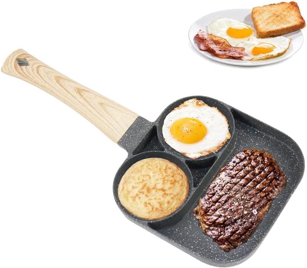 Spiegeleipan met gaten - Omeletpan pannenkoekenpan - Ontbijt bereiden - 3 gaten tegelijk - 21 cm - Zwart