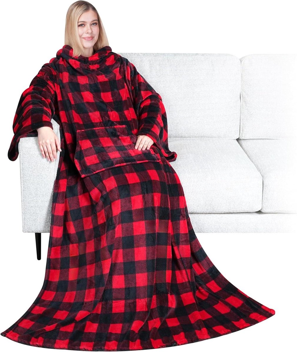 Deken met mouwen - Draagbare plaid - Gezellig ontspannen - Met handige voorzak - 178 x 127 cm - Geruit rood