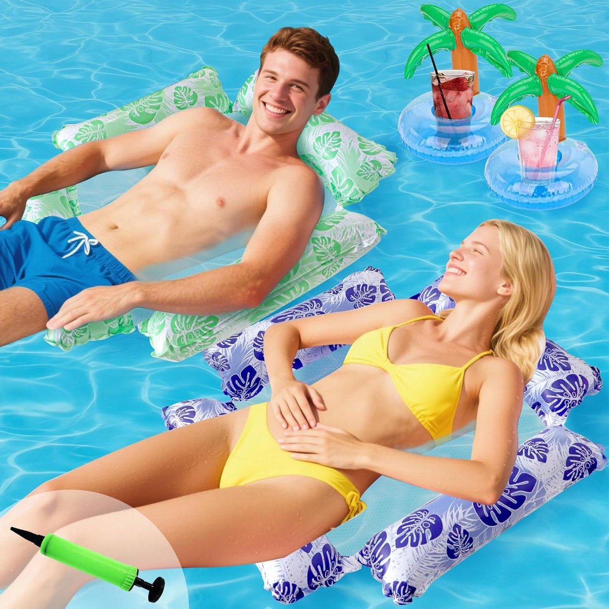 Opblaasbare hangmatten set - Water drijvers - Zomerse ontspanning - 4-in-1 functie - 2 stuks - Blauw en groen