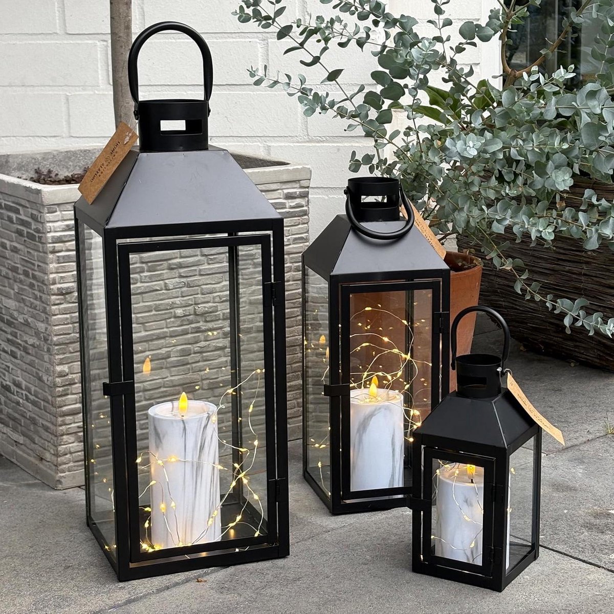 Tuinlantaarn Set - Windlichten Metaal - Sfeerverlichting Tuin - Poedergecoat Metaal - Drie Maten - Zwart