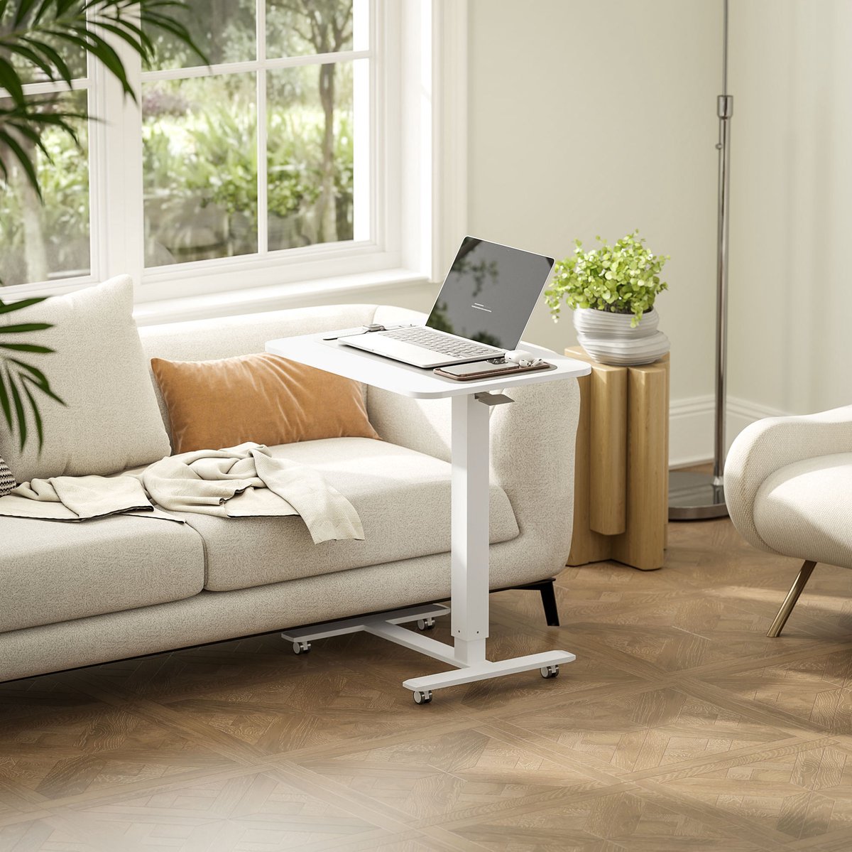 MEUNIQ Sta-zit bureau 65 x 48 cm in hoogte verstelbaar 70-110 cm met wielen en gaslift laptoptafel voor werkkamer of woonkamer wit