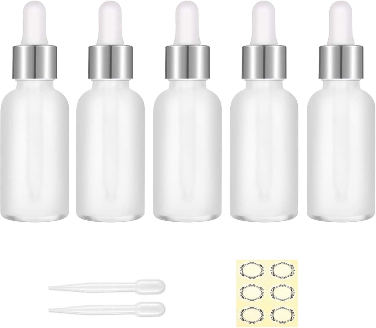Set van 5 transparante matte glazen pipetflessen van 30ml met zilveren dop voor parfum en essentiële oliën, hervulbaar en ideaal voor reizen