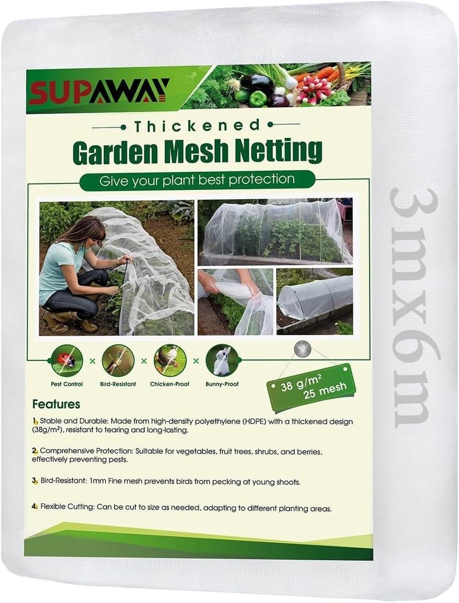 Beschermnet voor Groenten, 3 x 6 m, Fijn Gaas Insectenbescherming, 1 mm Maasgrootte, Vogelbescherming voor Planten en Fruit