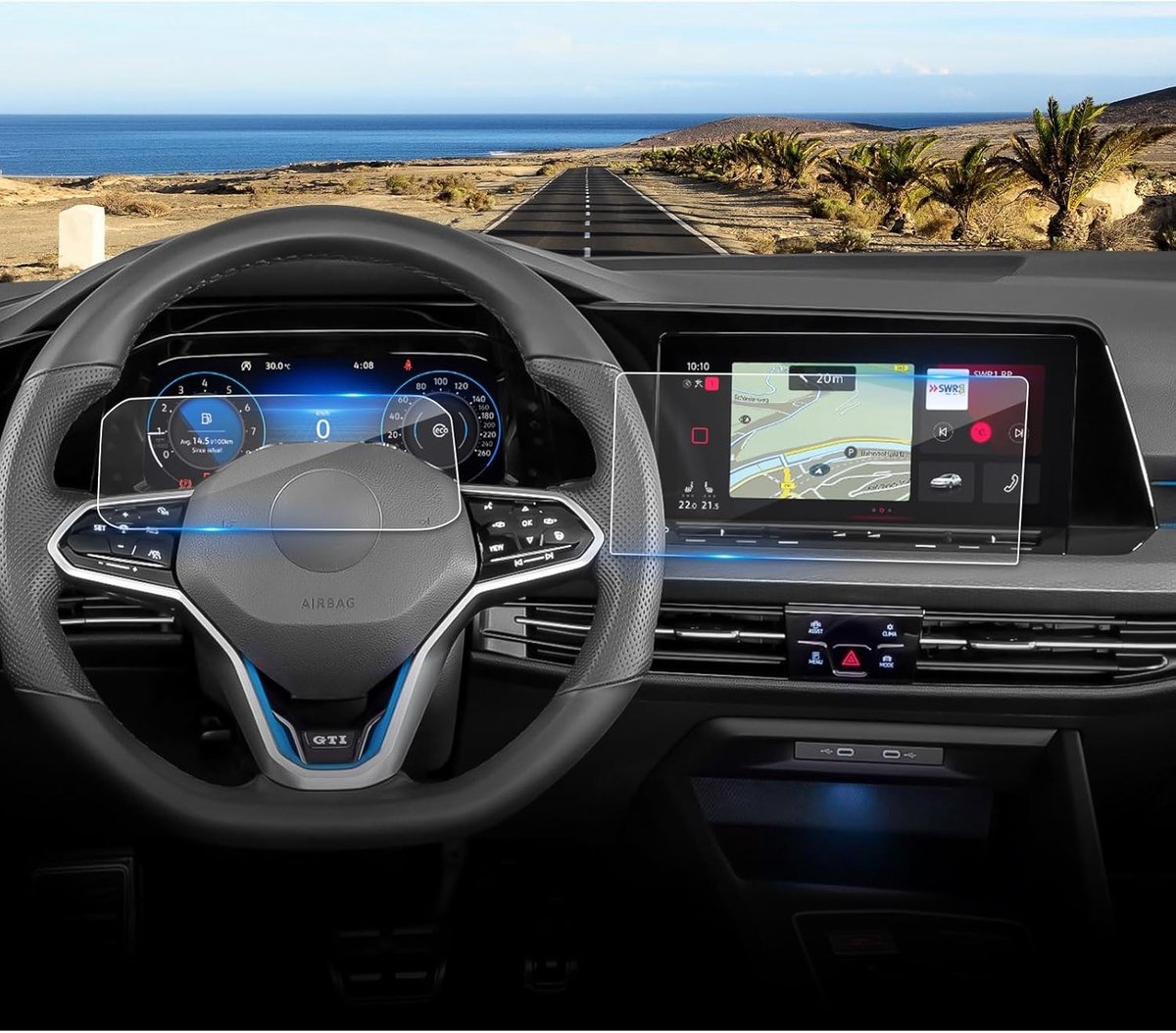 Set van 2 gehard glazen schermbeschermers voor VW Golf 8 (2020-2024), 9H bescherming voor navigatiescherm en dashboard, perfect voor 10 inch en 25 inch schermen