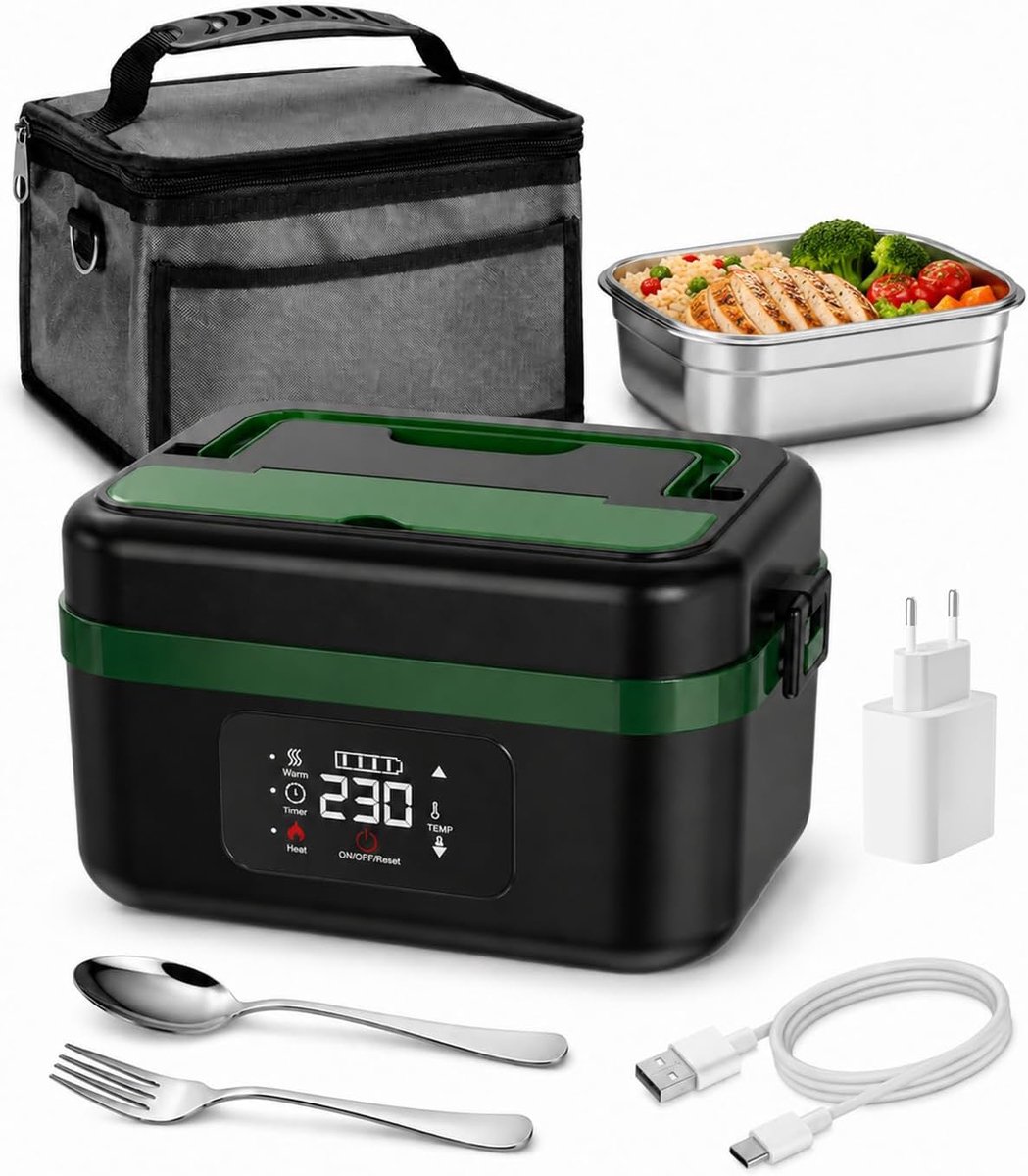 SnelShoppen - Elektrische Lunchbox met Accu 1L, 60W, RVS, Zelfverwarmend tot 90°C, USB Oplaadbaar, 16.000 mAh, Ideaal voor Kantoor, Bouwplaats, Kamper