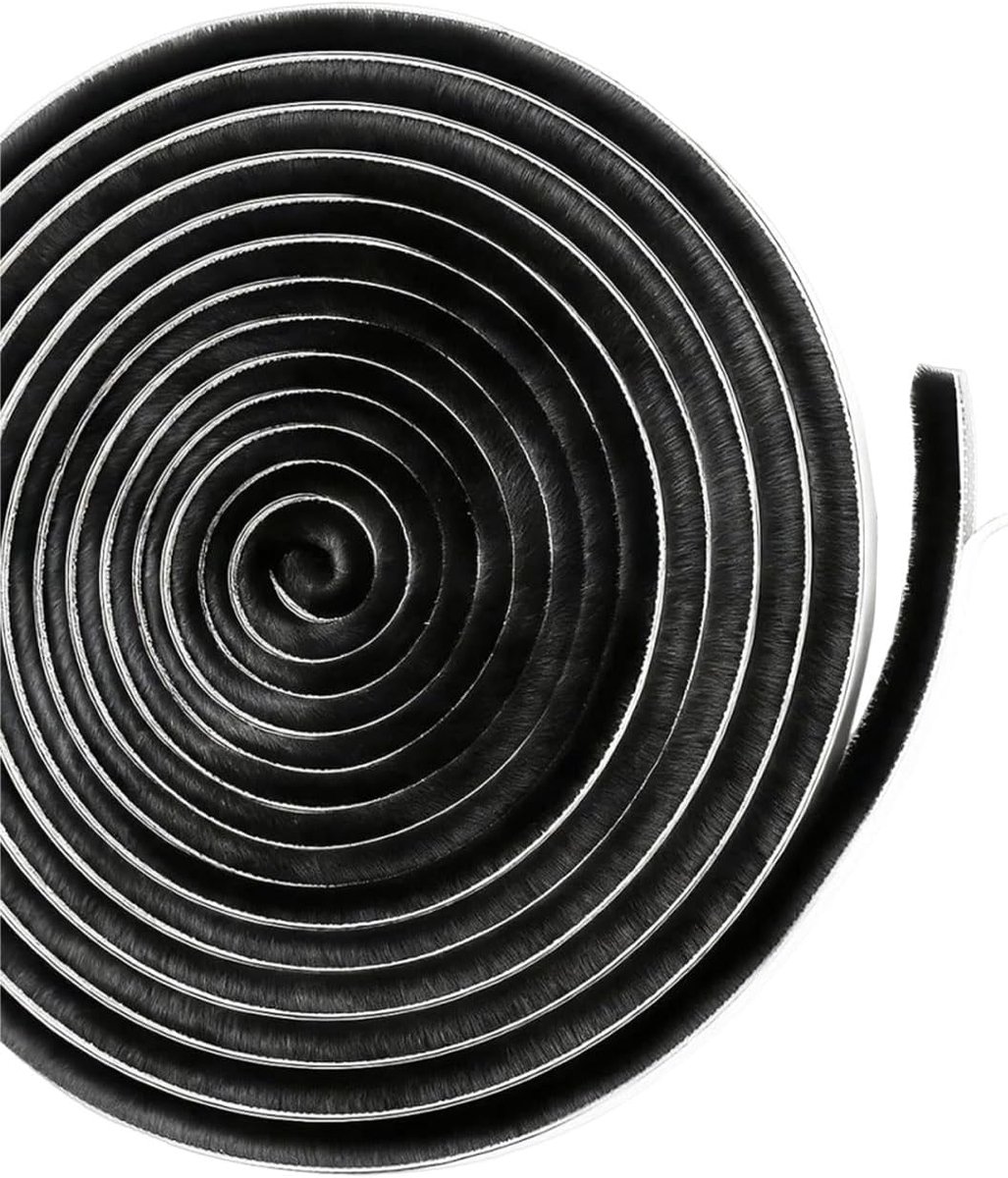 Thijox - Borstelweerstriptape 5m - Zelfklevend Tochtstrip voor Deuren en Ramen - Waterdicht, Geluidsisolatie, Anti-botsing - Zwart 9mm(W) x 15mm(T)