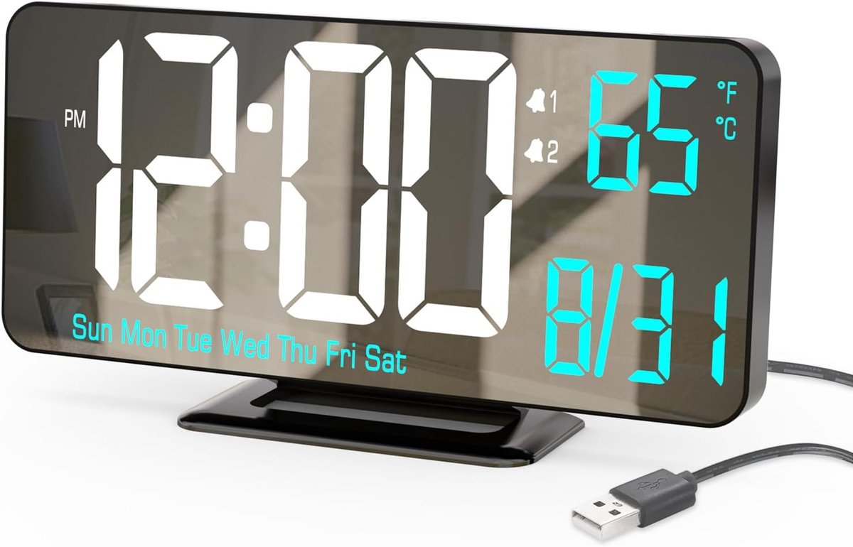 Thijox - Digitale Wekker 17 cm Zwart met Dubbel Alarm, Datum, Seconden, Weekdag, Temperatuur en Dimmende LED Klok voor Slaapkamer