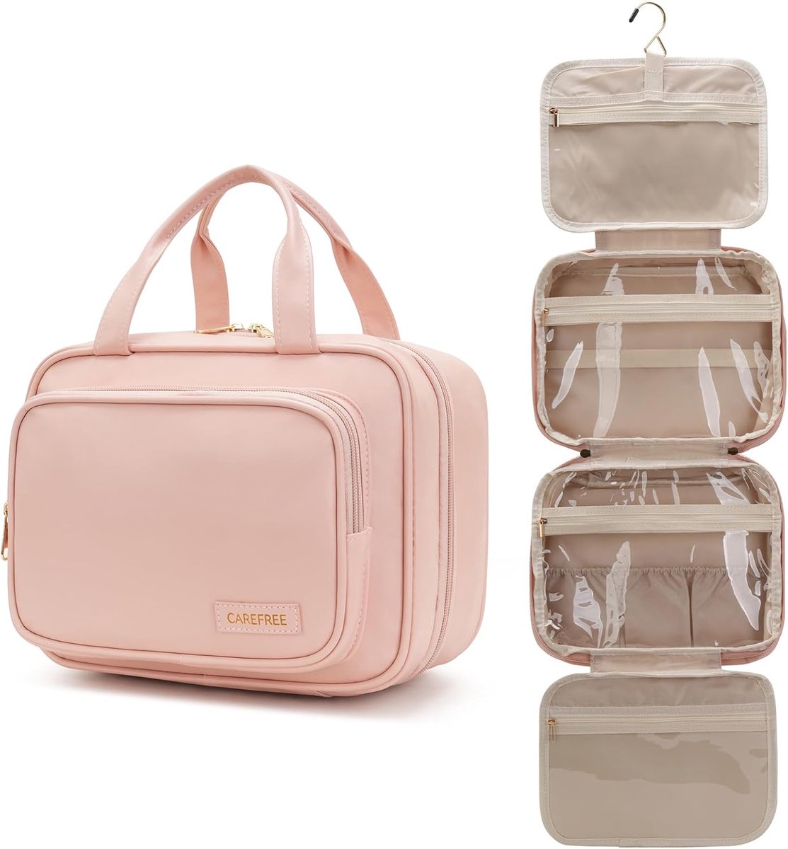 Thijox - Opknoping Toilettas Reis Make-up Tas met Grote Capaciteit, PU Lederen Organizer voor Vrouwen en Mannen, Doorzichtig Venster, Roze, Modern Des