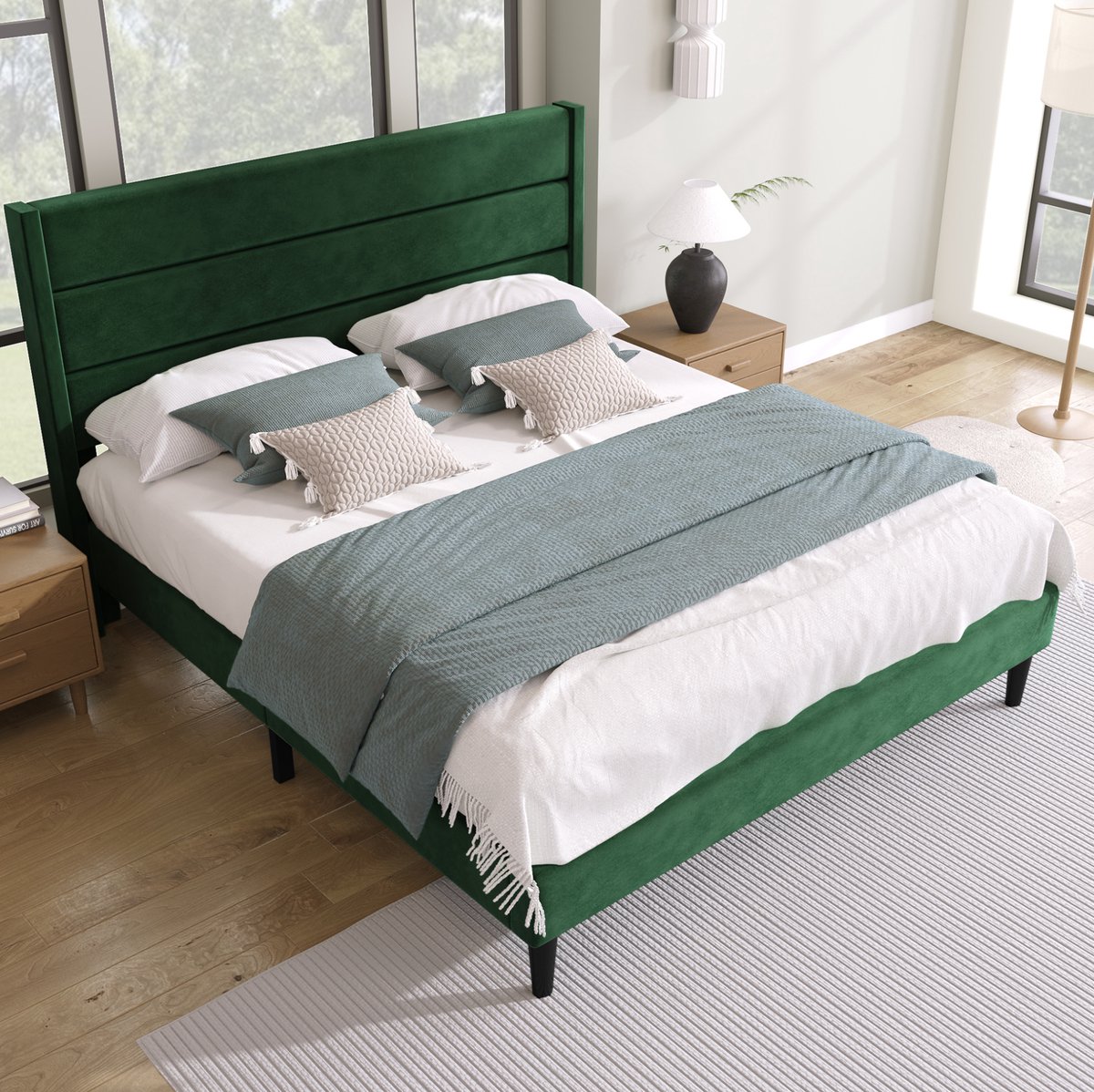 MEUNIQ gestoffeerd bed 140 x 200 cm met lattenbodem en hoofdbord, tweepersoons bedframe van velours met opbergruimte eronder voor slaapkamer, donkergroen
