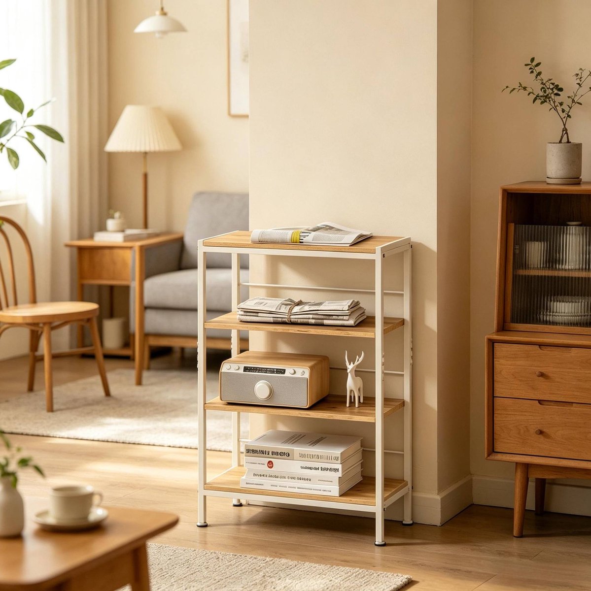 HAUSS SPOLE Boekenkast - Open Opbergrek Met 4 Planken - Smal Vrijstaand Model Voor Kleine Ruimtes - MDF En Metaal - 50x20x78 Cm - Wit Licht Eiken