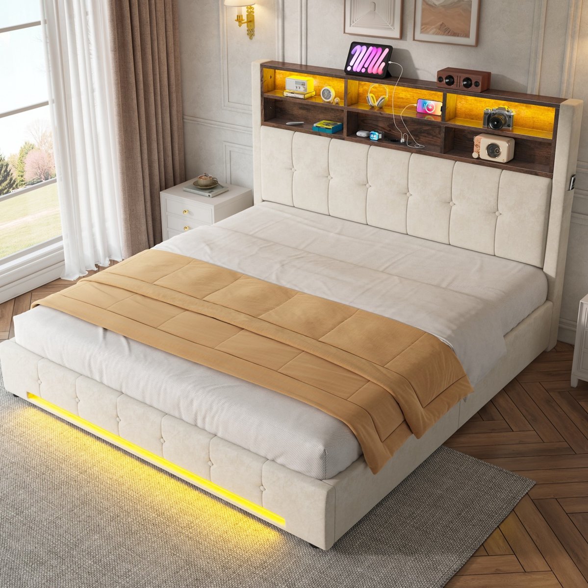 STILVORA Gestoffeerd Bed 180x200 cm – Hoofdbord Met 6 Vakken, USB-C En LED – Hydraulische Opbergruimte – Tweepersoons – Fluweel – Beige – Zonder Matras