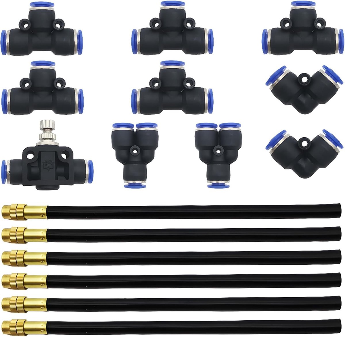 8mm Quick Connector Set met 6 Universele Spuitmonden, Micro Spuit voor Irrigatie en Bloemenbewatering, Inclusief 10 Lucht Duw Snelle Koppelingen