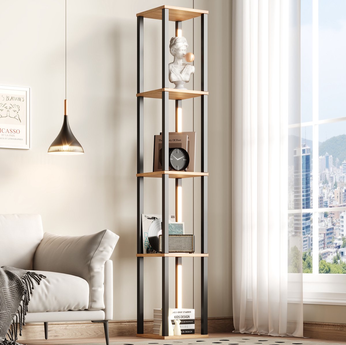 HAUSS SPOLE Boekenkast - Vier Vakken Met Ledverlichting - Modern Minimalistisch Voor Woonkamer En Studiekamer - MDF - Zwart En Naturhout - 26 X 26 X 165 Cm