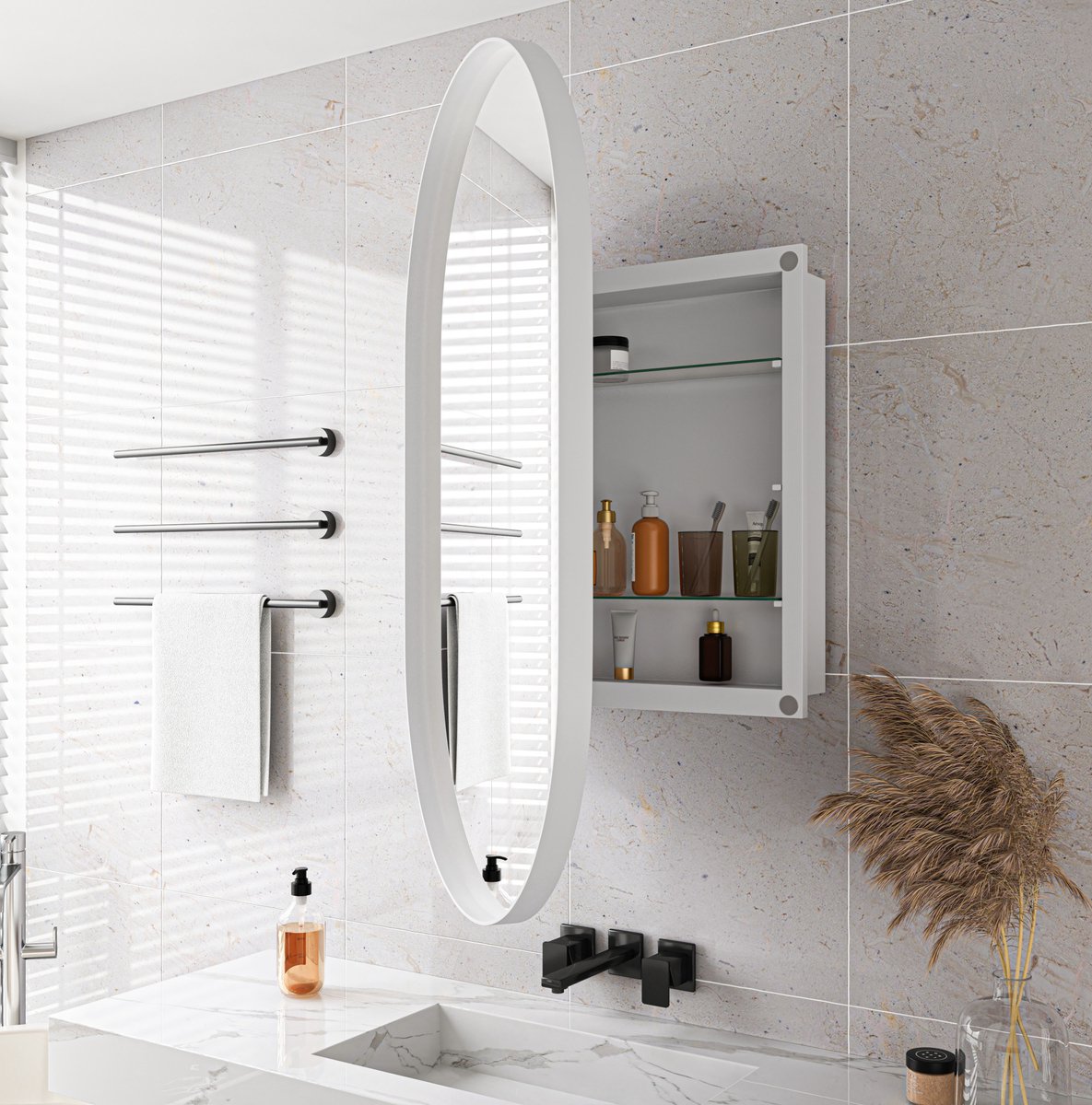 DESMIU Sieradenkast - Ovale Spiegelkast Met Opbergruimte - Wandmontage Of Inbouw Voor Badkamer En Slaapkamer - Metaal - 85x51,5x12 Cm - Wit