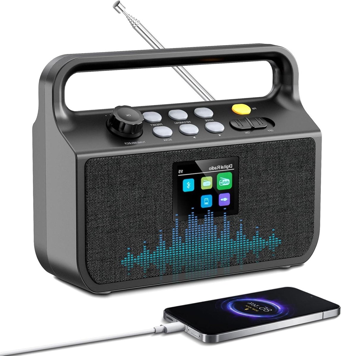 Draagbare DAB radio - Digitale radio - Muziek luisteren - Met Bluetooth - 17 cm - Zwart