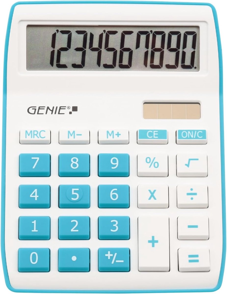 Thijox - Genie 840 B Compacte Bureaurekenmachine 10-cijferig Schuin Display Dual Power (Zonne-energie en Batterij) Blauw - Ideaal voor Thuis, Kantoor,