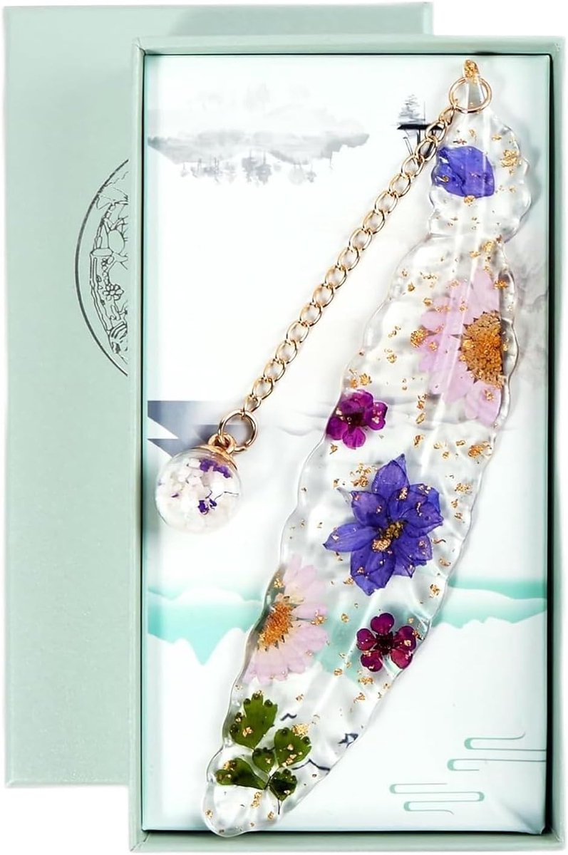 Thijox - Set van 3 Handgemaakte Bladwijzers met Veer en Geperste Bloemen - Uniek Resin Leesaccessoire voor Boekenliefhebbers, Moeder, Grootmoeder - St
