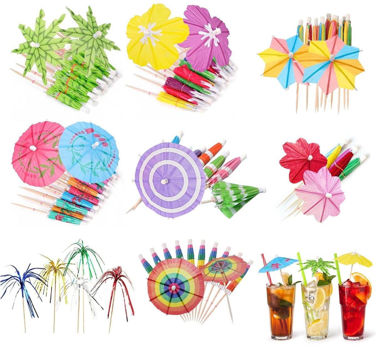 Dailygoods- Cocktailparaplu 80 Stuks - Decoraties - Veelzijdige Miniparaplu's - 8 Verschillende Patronen - Feestelijke Drankjes - Perfect voor Feesten - Drankdecoratie