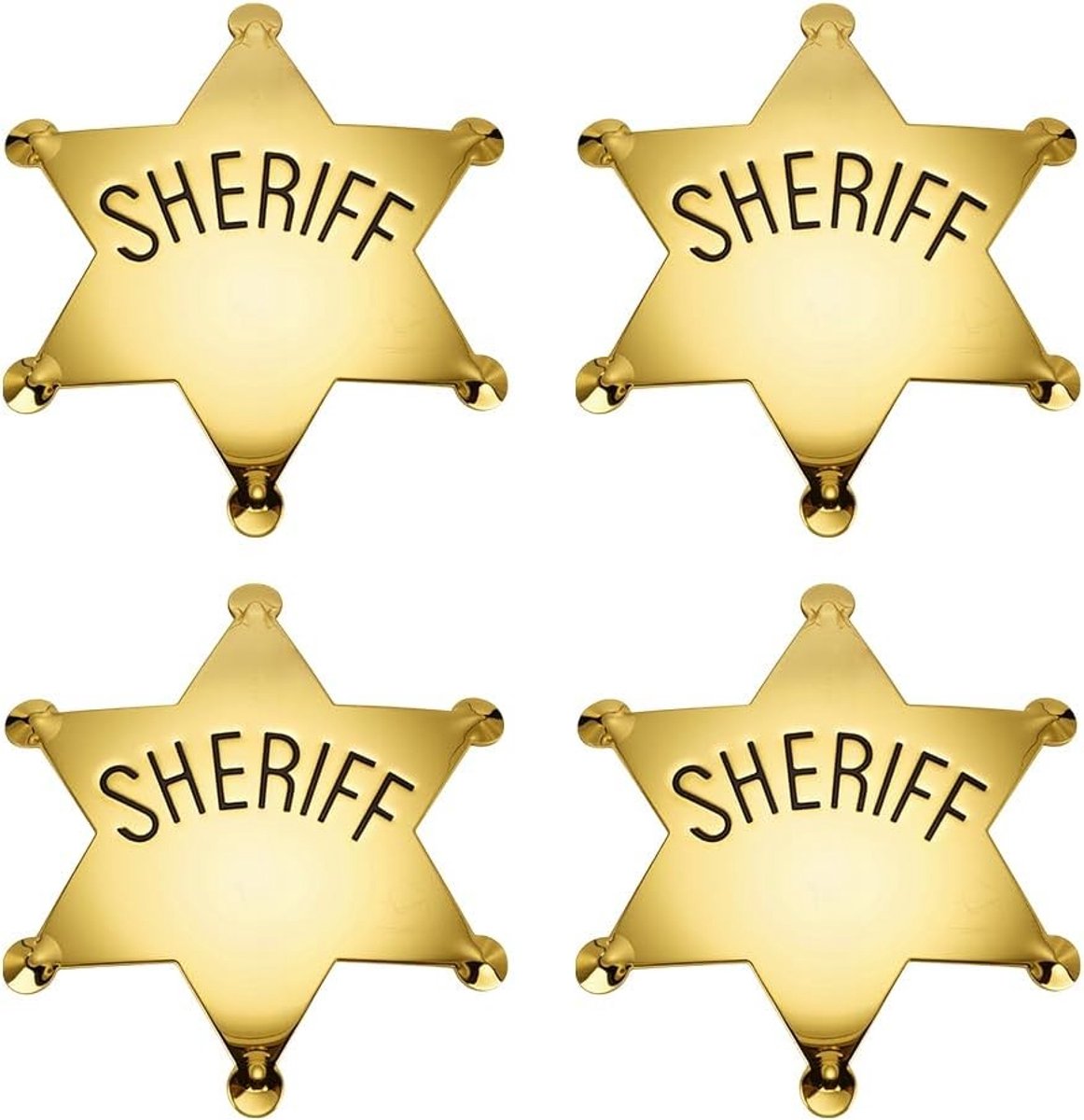 Set van 4 Gouden Sheriff Speldjes 57x65mm met IJzeren Ster voor Western Feestjes, Cowboy Kostuums en Vintage Accessoires - Perfect voor Jassen, Hoeden en Rugzakken