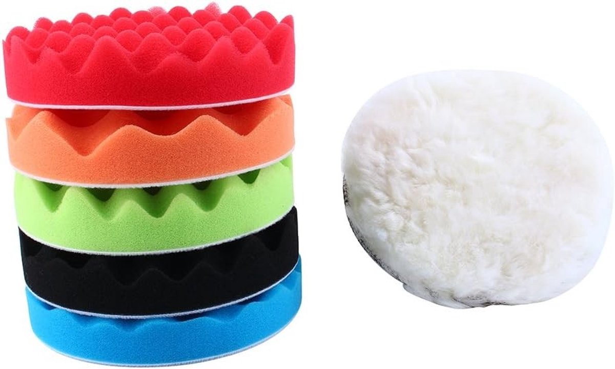 Set van 7 Polijstpads en Rubbing Agent voor Auto met M14 Adapter en Wolmateriaal, 180mm