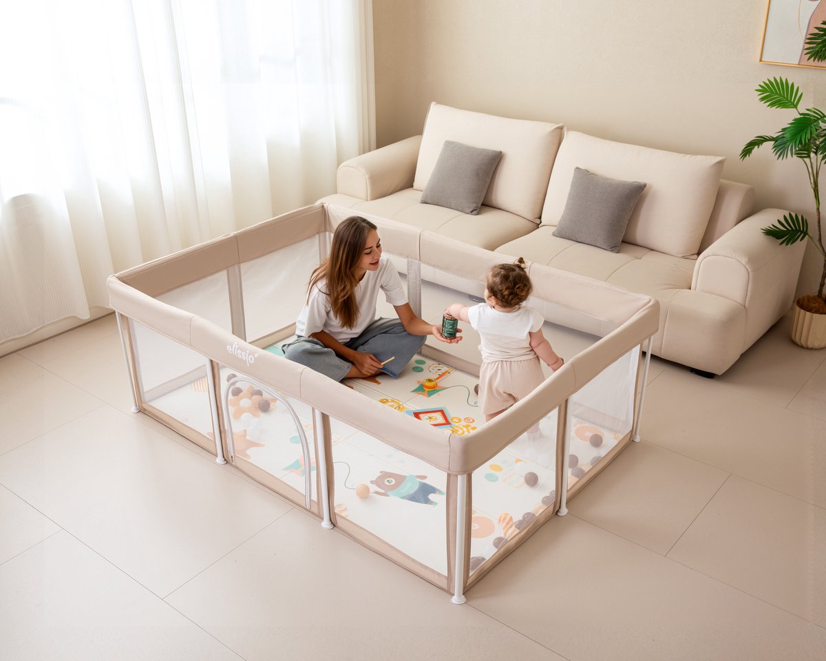 Elissio® - Grondbox Baby - Inklapbare Speelbox met Dubbelzijdige Speelmat & 50 Ballen - Kruipbox - Kinderbox - Playpen Baby - 180x120 CM - Beige – foto 8