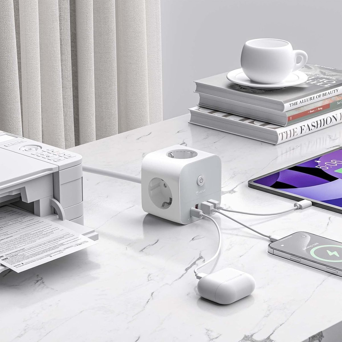 Stekkerdoos Kubus - Wit - 7-in-1 Verdeelstekker - Snelladen met USB-C - Voor Thuis en Kantoor