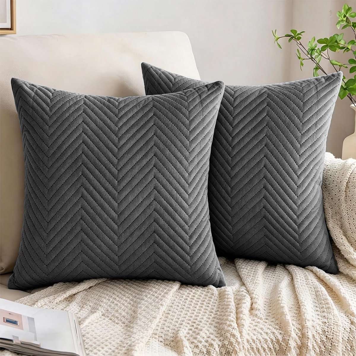 Effen Fluwelen Kussenhoezen 45 x 45 cm met Verborgen Rits voor Woonkamer en Slaapkamer - Donkergrijs, Set van 2, Perfect voor Sofa en Stoelen