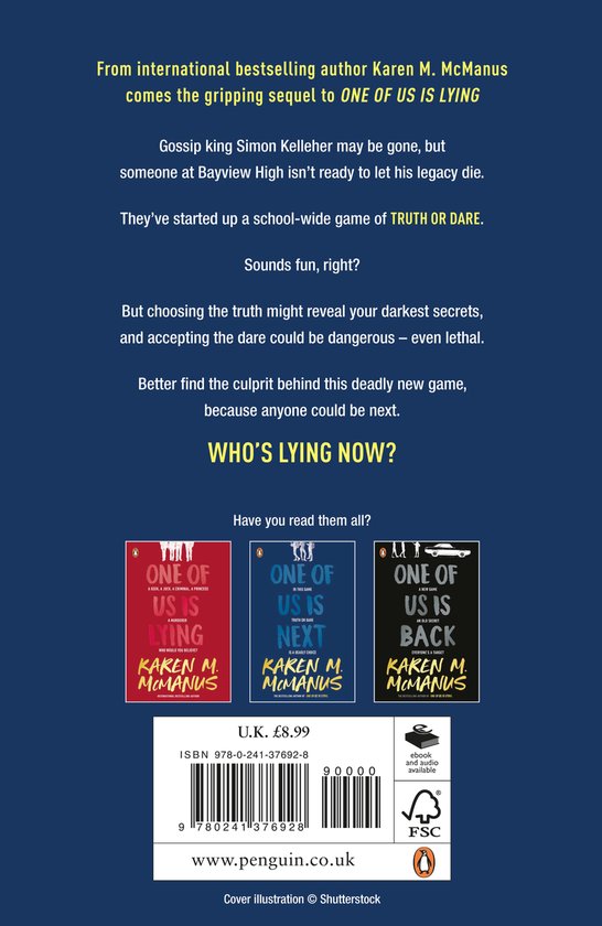 Couverture du livre "Who's Lying Now?" par Karen M. McManus. Montre trois livres de la série.