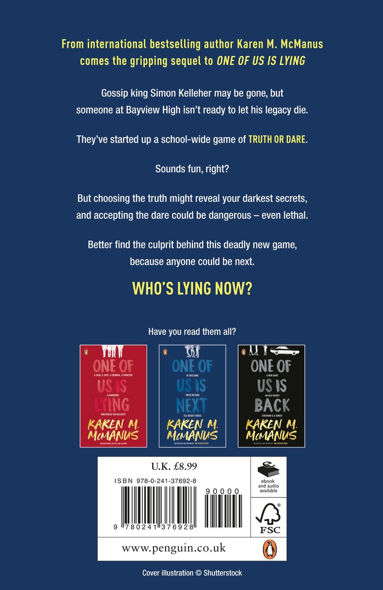 Couverture du livre "Who's Lying Now?" par Karen M. McManus. Montre trois livres de la série.