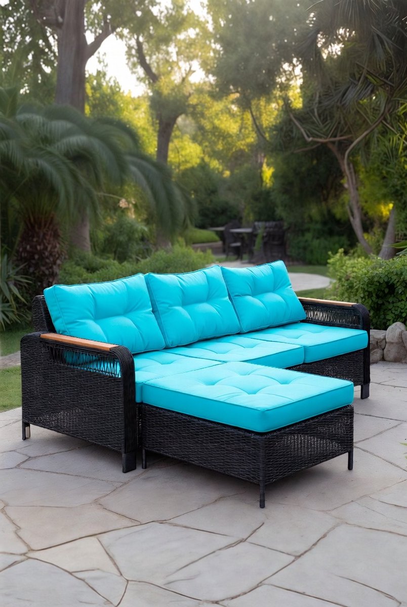 4-Delige Modulaire Loungeset Zwart Poly - Zwart - Zwart Poly Rattan Kussens & - Medahomestore