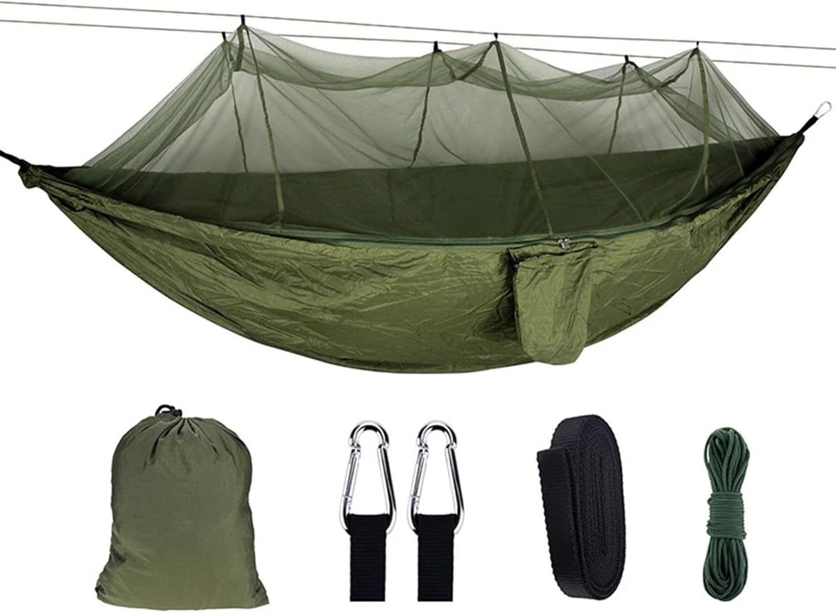 Camping Hangmat - Kampeer Schommel - Buiten Ontspannen - Met Muggennet - 260 x 140 cm - Legergroen