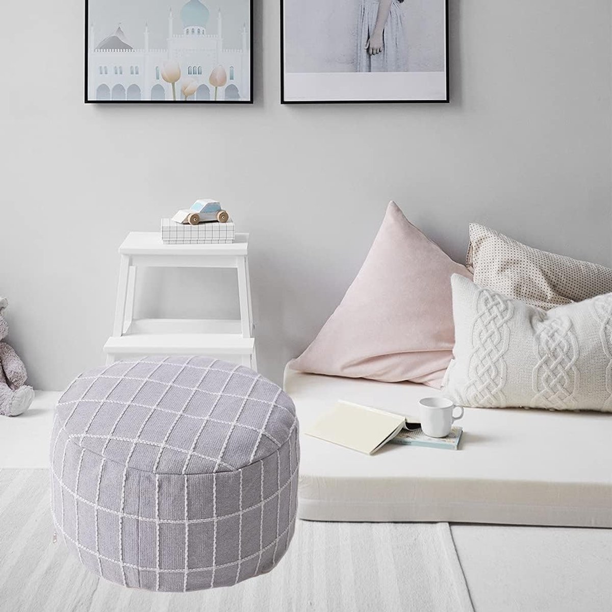 Pouf Hoes - Voetenbank Zitje - Woonkamer Decoratie - Handgeweven Structuur - 40x20 cm - Frosted Grijs