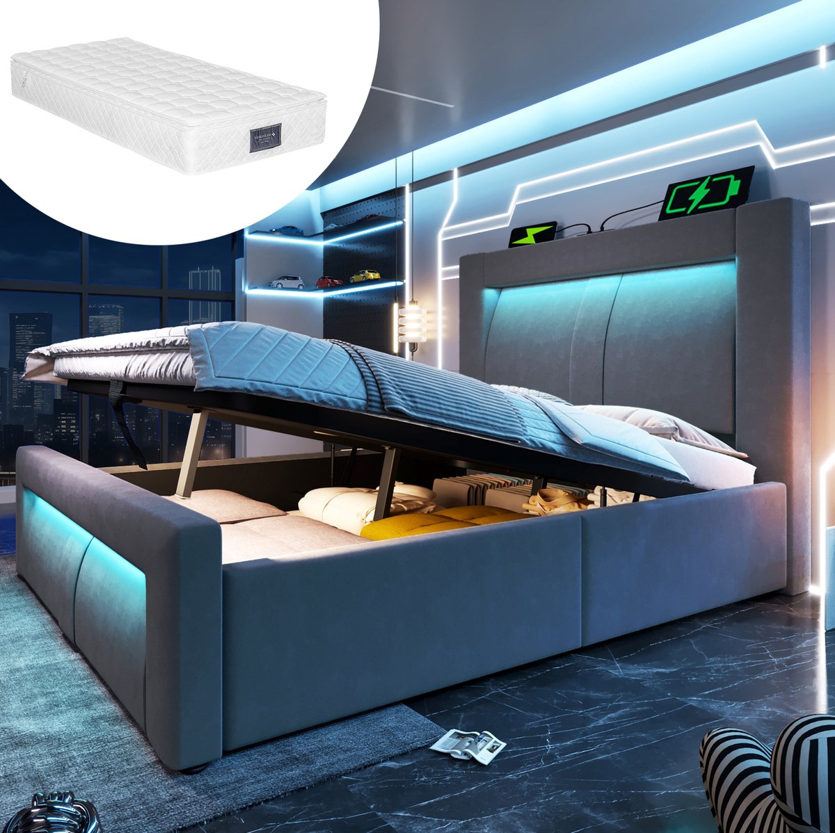 MEUNIQ eenpersoonsbed 90x200 cm met opbergruimte, hydraulisch bed met LED-verlichting, USB en Type-C, fluwelen bekleding, inclusief matras en lattenbodem, grijs