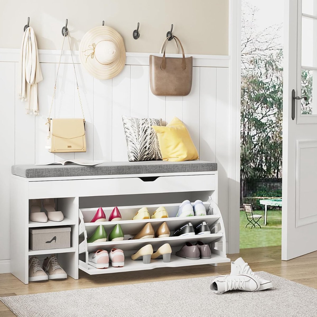 CRLYN® Schoenenbank met Zitkussen - Schoenenrek - Schoenenbank - Wit