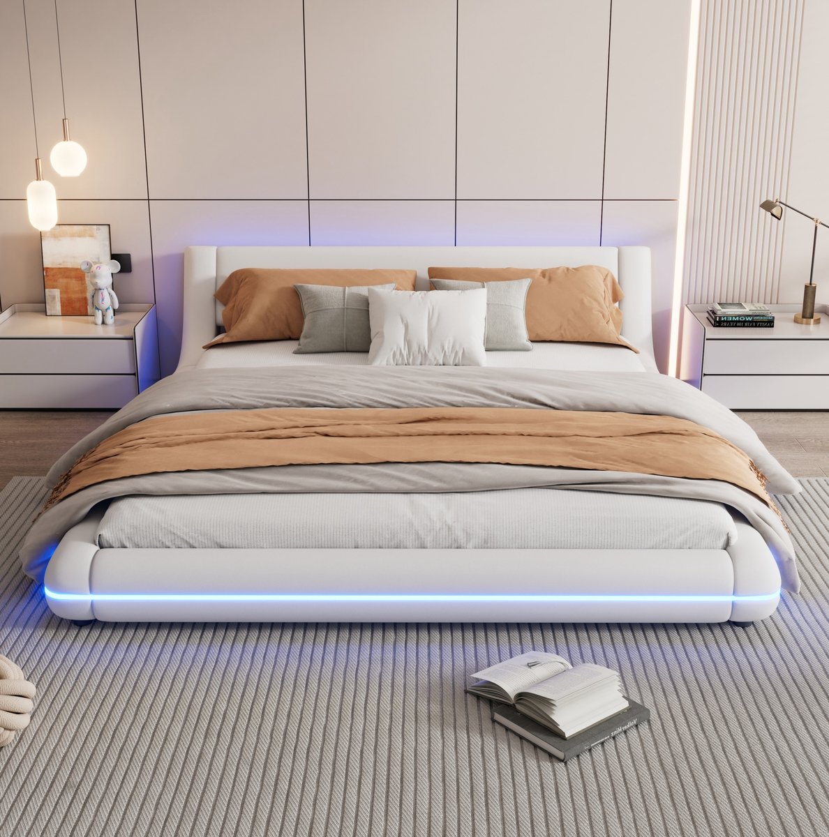 MEUNIQ vloerbed 160x200 cm tweepersoons bedframe met LED-verlichting, lattenbodem en kunstleren afwerking, normaal bed voor slaapkamer, wit