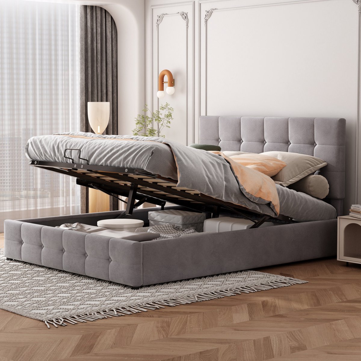 MEUNIQ tweepersoons bed 140x200 cm met hydraulische opbergruimte, verstelbaar hoofdbord, lattenbodem van metaal, gestoffeerd bed voor slaapkamer, grijs