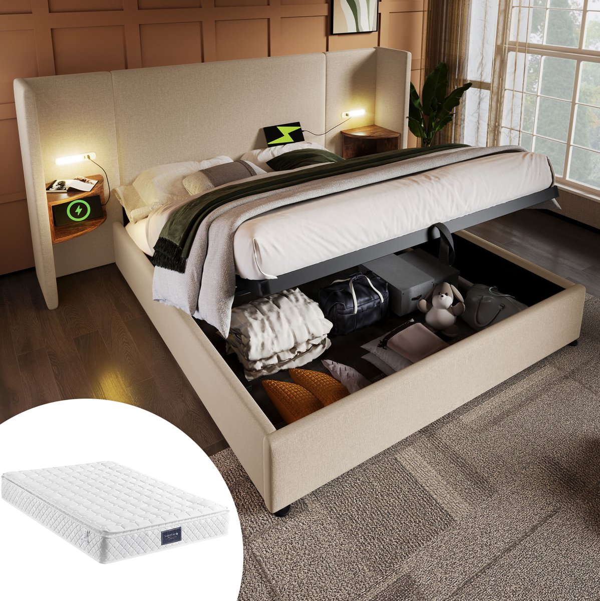 MEUNIQ gestoffeerd tweepersoonsbed 160x200 met opbergruimte, hoofdbord met leeslamp, USB e