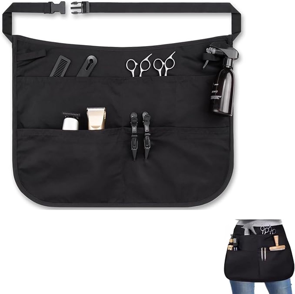 Set van 2 zwarte kappersgordels met meerdere opbergvakken, verstelbare tailleband voor scharen tondeuse en kappersgereedschap salon en thuis
