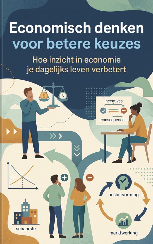 Illustratie met de titel 'Economisch denken voor betere keuzes'. Figuren denken na over economische concepten zoals incentives, consequenties, schaarste en marktwerking.