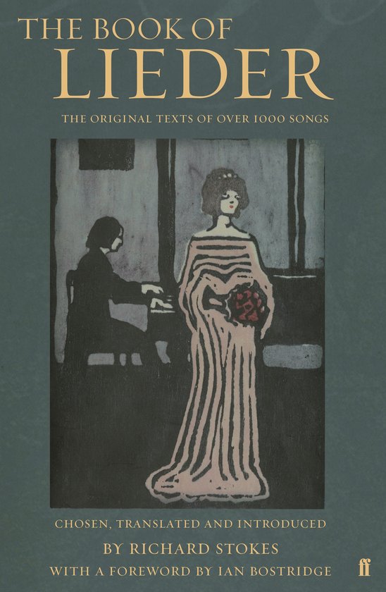 Boek van Lieder, met een prent van een vrouw in een gestreepte jurk en een man aan een piano.