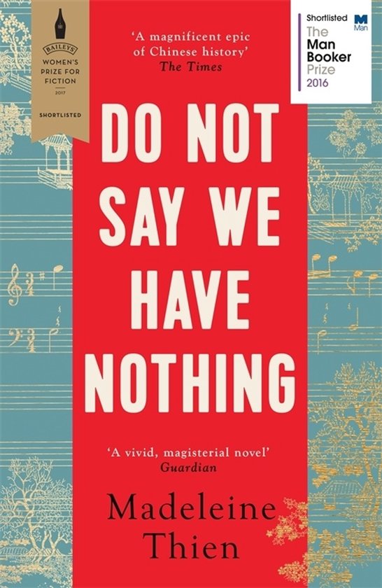 Couverture du livre 'Do Not Say We Have Nothing' sur fond rouge, texte blanc et motifs chinois dorés.