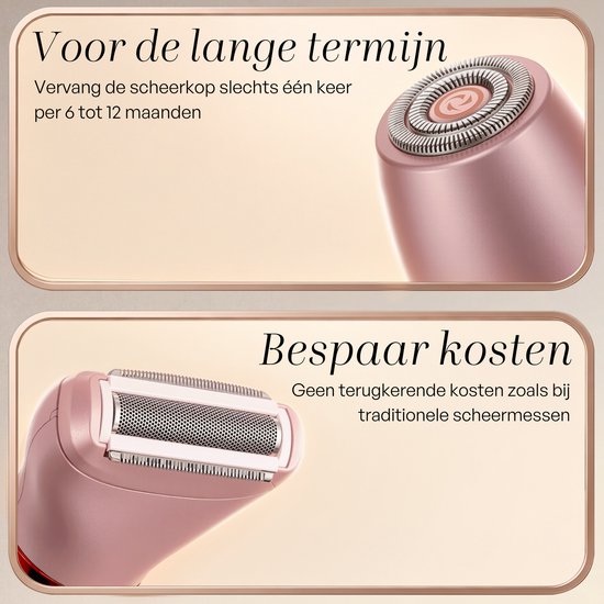 Close-up van de scheerkop van de roze ladyshave, met tekst over vervanging en kostenbesparing.
