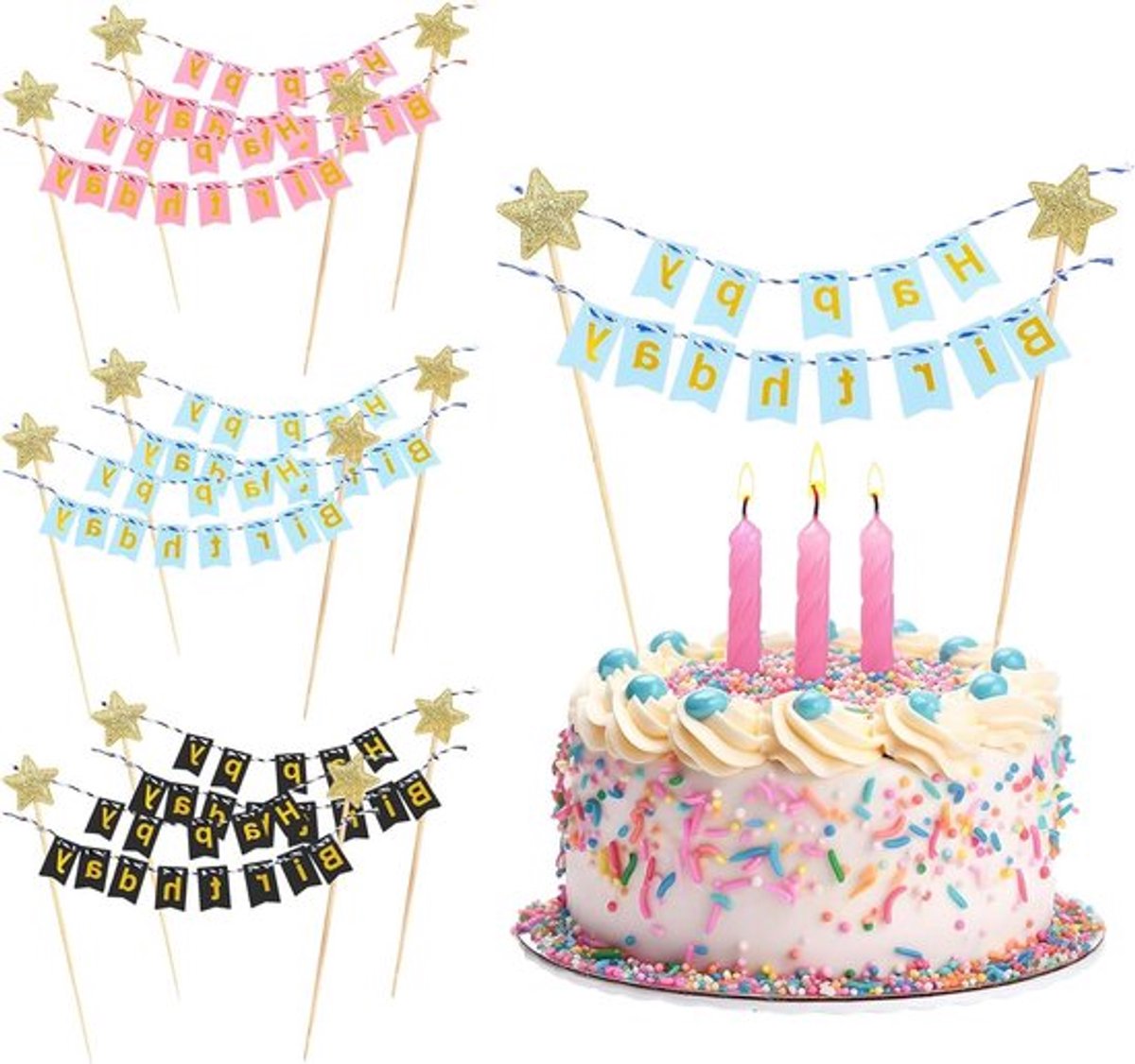 Allecto Plus - Vlaggetjesslinger Happy Birthday - Taartdecoratie Set - 6 Stuks