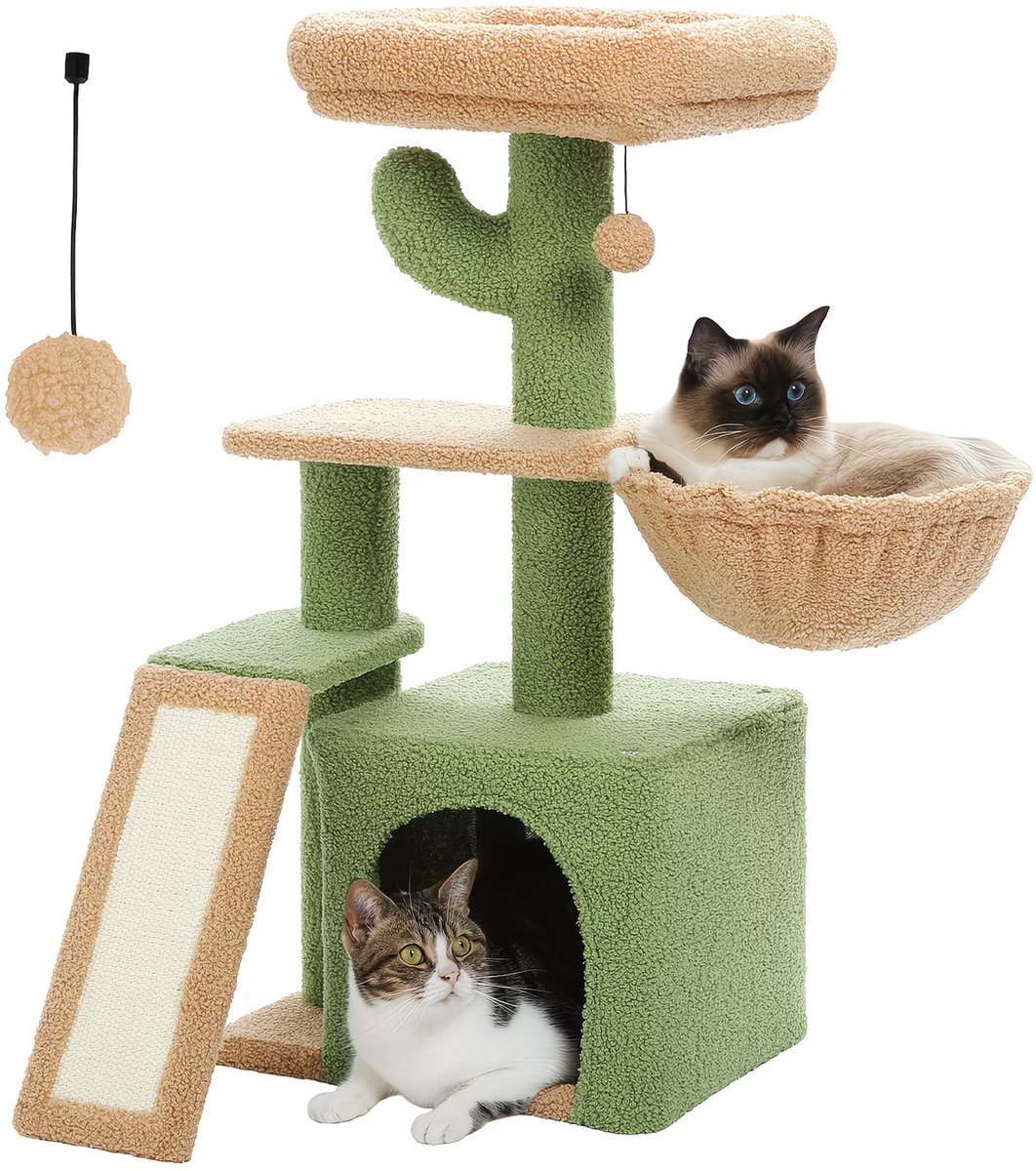 NordPaw® Krabpaal Cactus – Compact Kattenmeubel met Krabplank, Hangmat & Slaaphuis – 80 cm – Groen