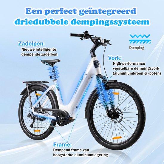 Elektrische Fiets TTGO Z5 - 250W MiddenMotor Stadsfiets - 36V18Ah Accu - 27.5 Inch Banden - Max Snelheid 25km/u - Max Bereik 110-130km - Shimano 9 Versnellingen - Wit — afbeelding 5