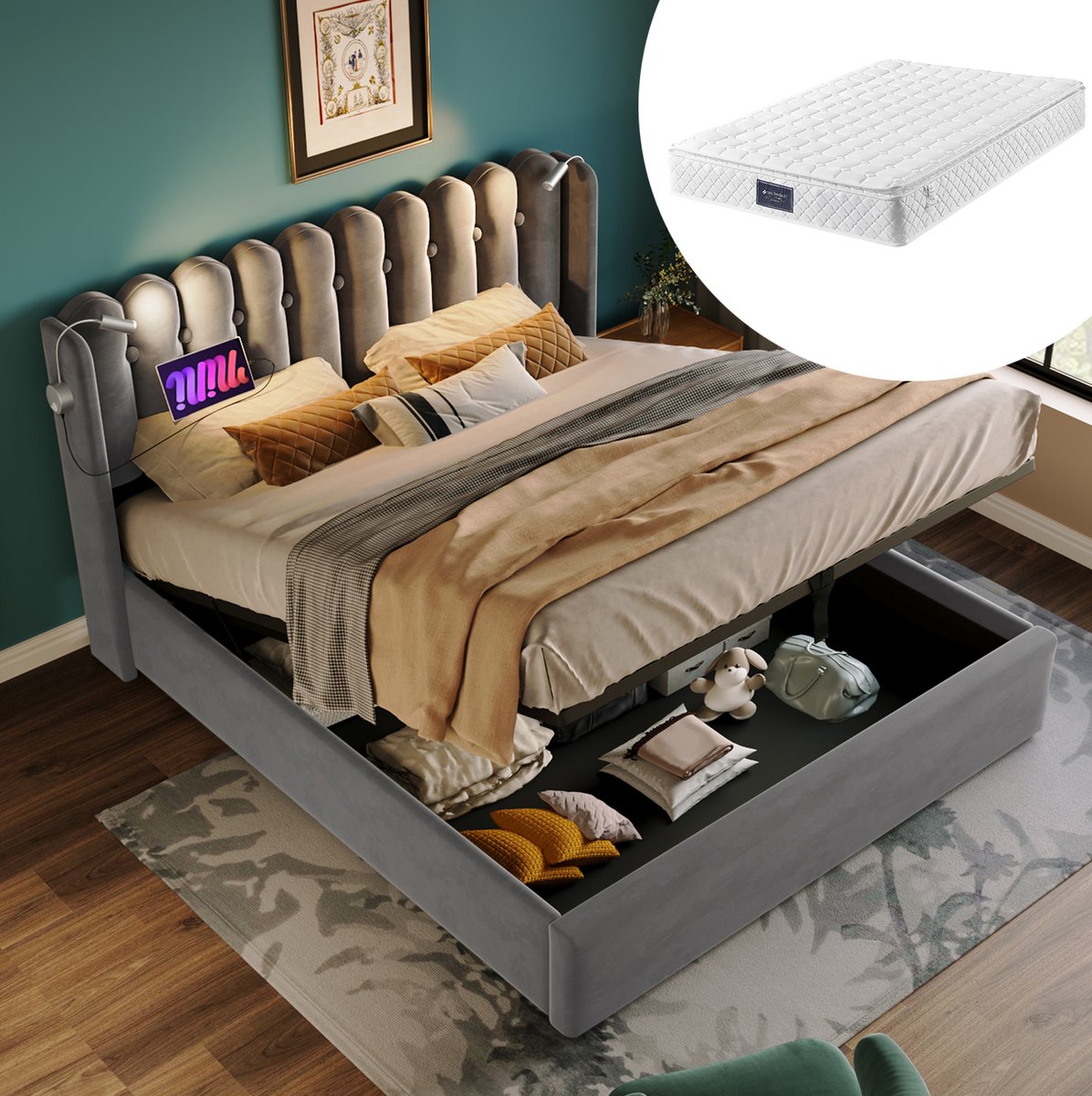 MEUNIQ tweepersoons bedframe 160x200 cm met opbergruimte, leeslampen, 2 USB-poorten en lat