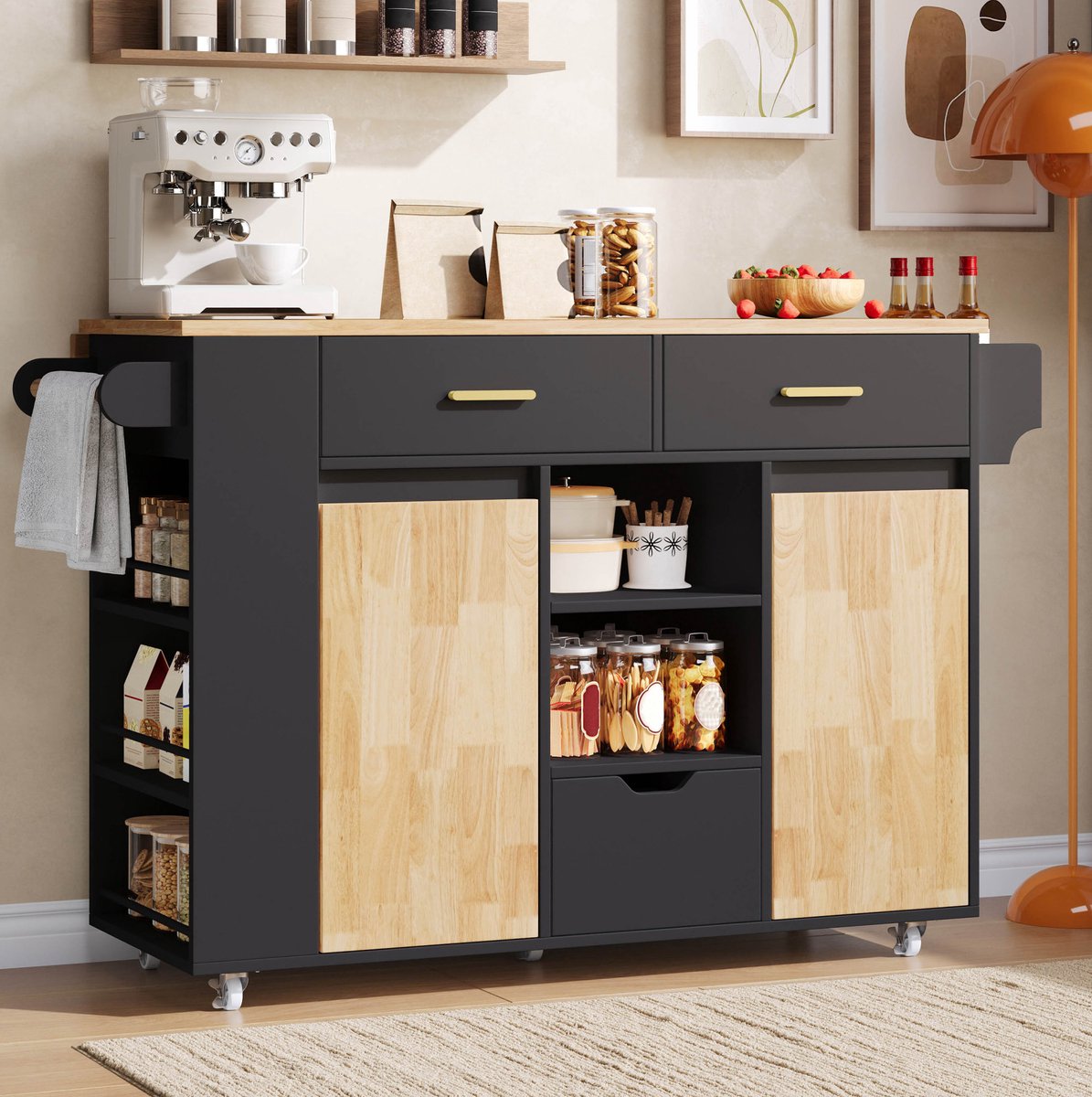 OKWISH Keukeninsel - Opklapbaar Werkblad - Keukenwagen Met Opbergruimte - 3 Laden En Kruidenrek - MDF Zwart Naturel - 120 Cm