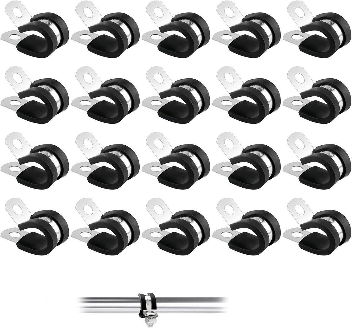 20 Stuks R-vormige Klemmen met Rubber Bekleding voor Slangen, Kabels en Draden - 8mm Slangklemmen en Kabelbevestigingen