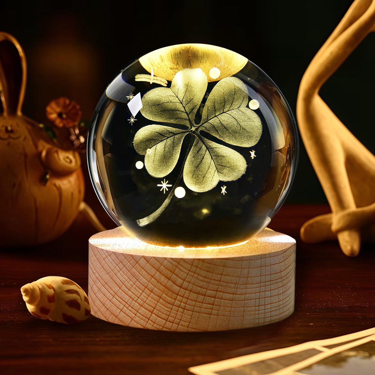 Elzusha - LED Nachtlamp met Kristallen Bal en Houten Basis