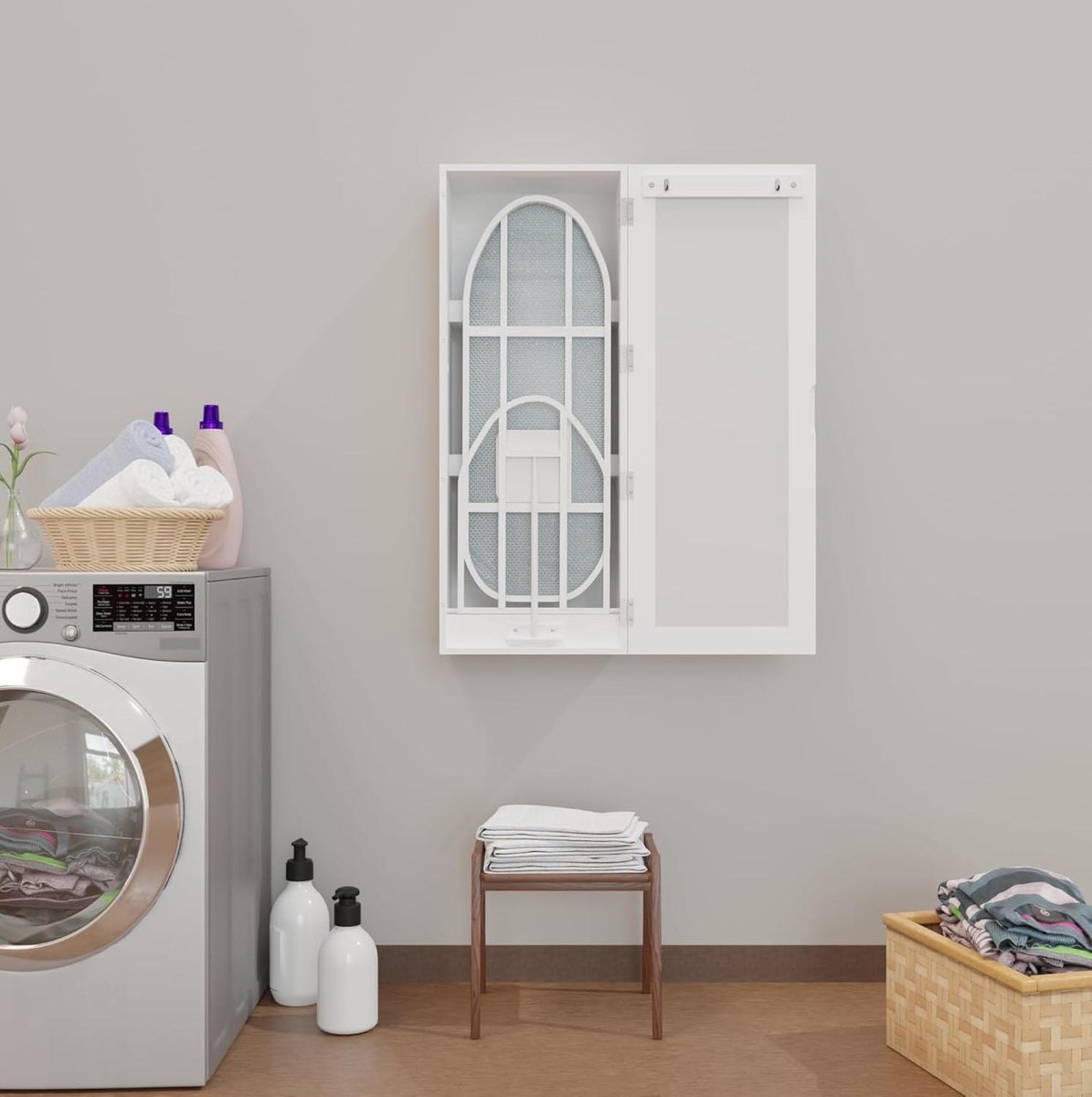 MIVRAY Wandkast Met Strijkplank En Spiegel – Opvouwbaar En Wandgemonteerd – 95,5 x 35,5 x 21 cm – MDF – Wit – Voor Wasruimte En Slaapkamer